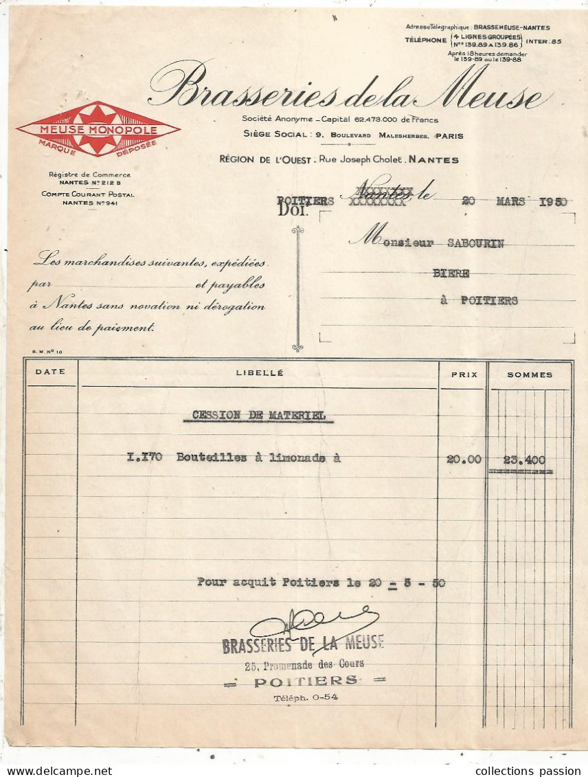 Facture, 1950, BRASSERIES DE LA MEUSE, 86, POITIERS, Meuse Monopole, Frais Fr 1.75 E - Alimentos