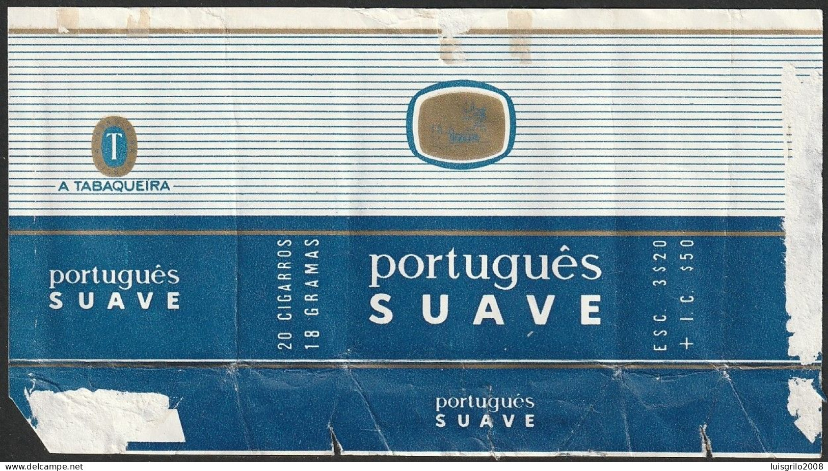 Portugal 1960/ 70, Pack Of Cigarettes - Português Suave -|- A Tabaqueira, Lisboa - Esc.. 3$20 + I.C. $50 - Boites à Tabac Vides