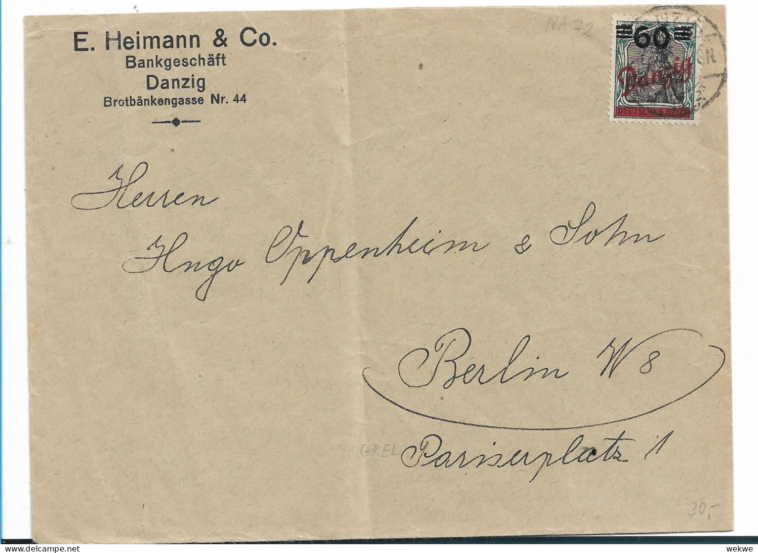 DANZIG 079 / Bankfirma, Einzelfrankatur Mit Mi.Nr. 72 Nach Berlin 1921 - Storia Postale