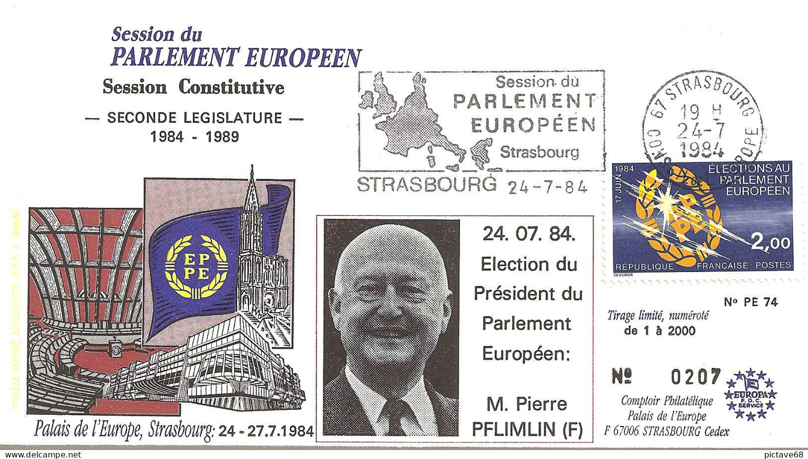 FRANCE / ENVELOPPE  PARLEMENT EUROPEEN SECONDE LEGISLATURE DU PRESIDENT PIERRE PFLIMLIN 1984 - Europese Instellingen