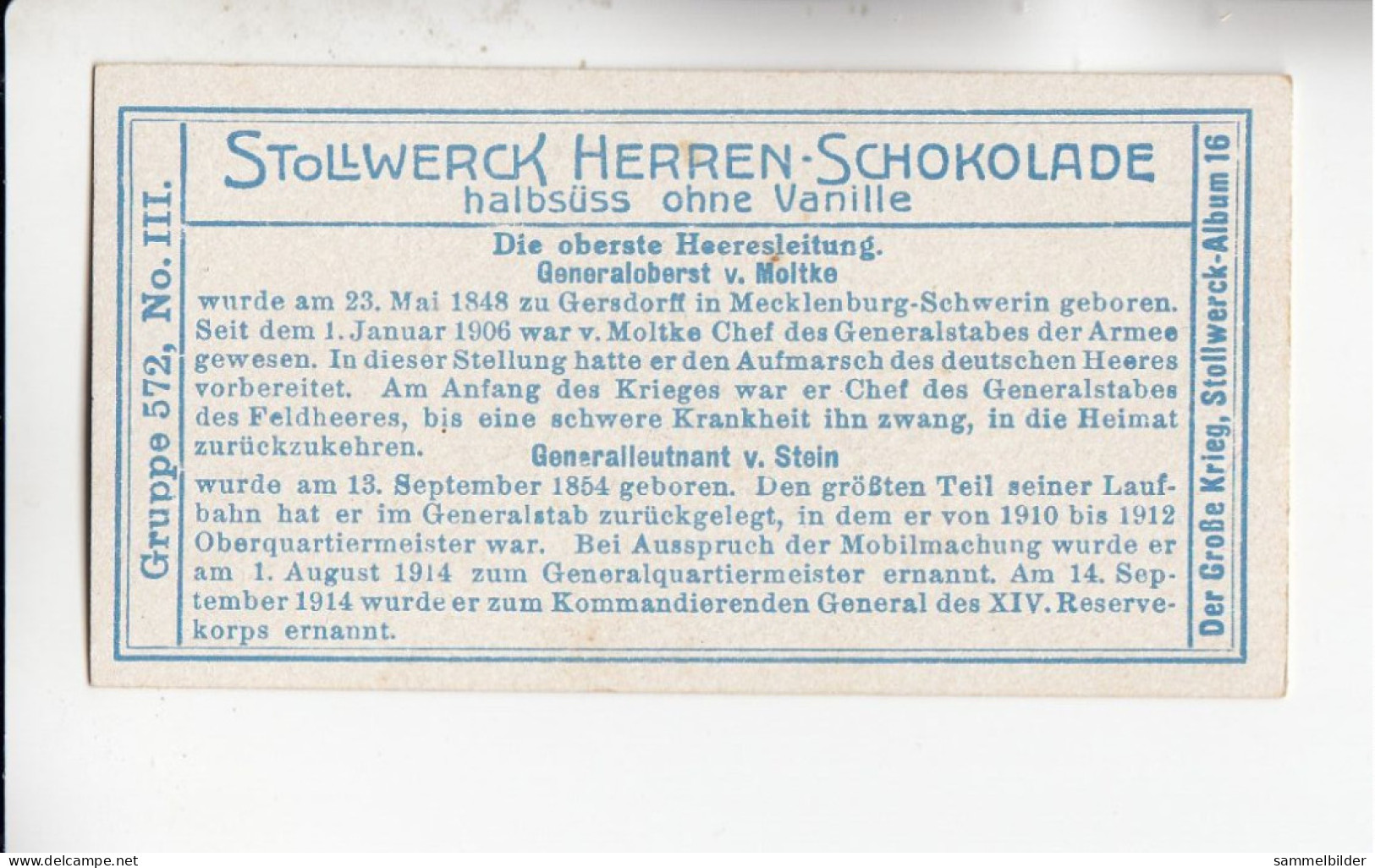 Stollwerck Album No 16 Die Oberste Heeresleitung Generaloberst V Moltke / Generalleutnant V. Stein   Grp 572#3  RARE - Stollwerck