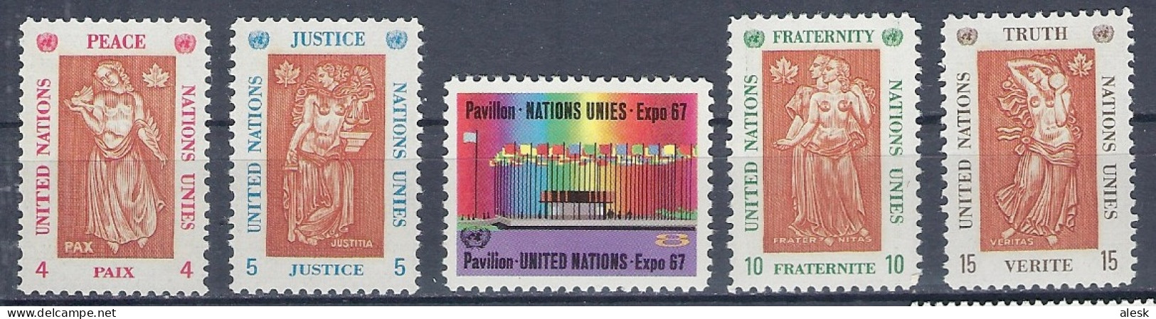 NATIONS-UNIES New-York 1967 - Série N°165 à 169 (y&t) - Exposition Montréal - Paix - Justice - Fraternité - Vérité - Unused Stamps