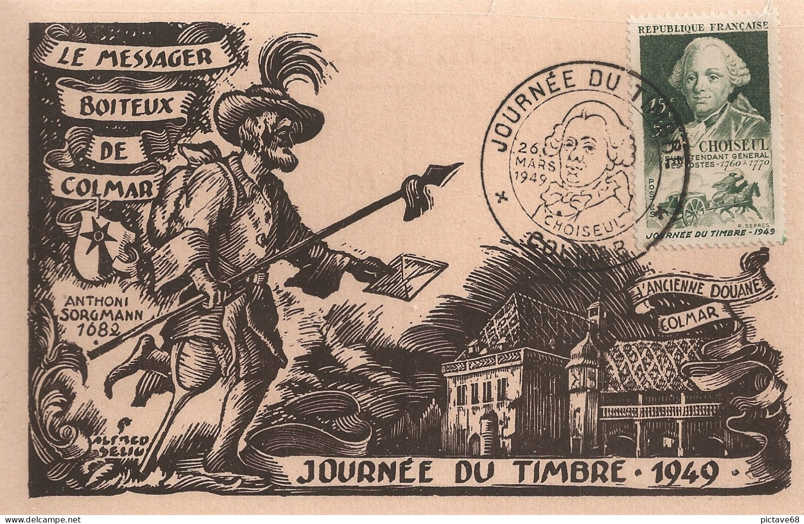 FRANCE / CARTE PREMIER JOUR JOURNEE DU TIMBRE 1947 COLMAR (68) - ....-1949