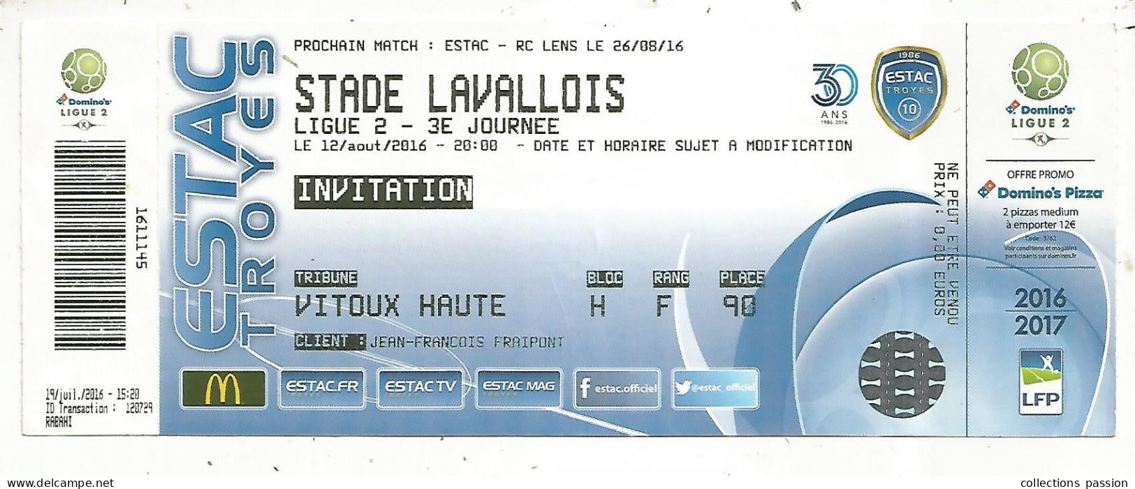 Ticket D'entrée, Invitation,  Football, ESTAC(Troyes) - STADE LAVALLOIS, Ligue 2, 2016, Frais Fr 1.65 E - Tickets D'entrée