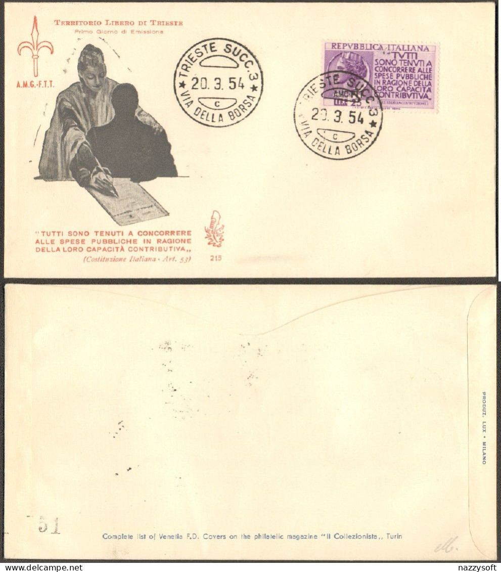 Fdc Venetia TS 1954 215 Fedeltà Contributiva - Autres & Non Classés