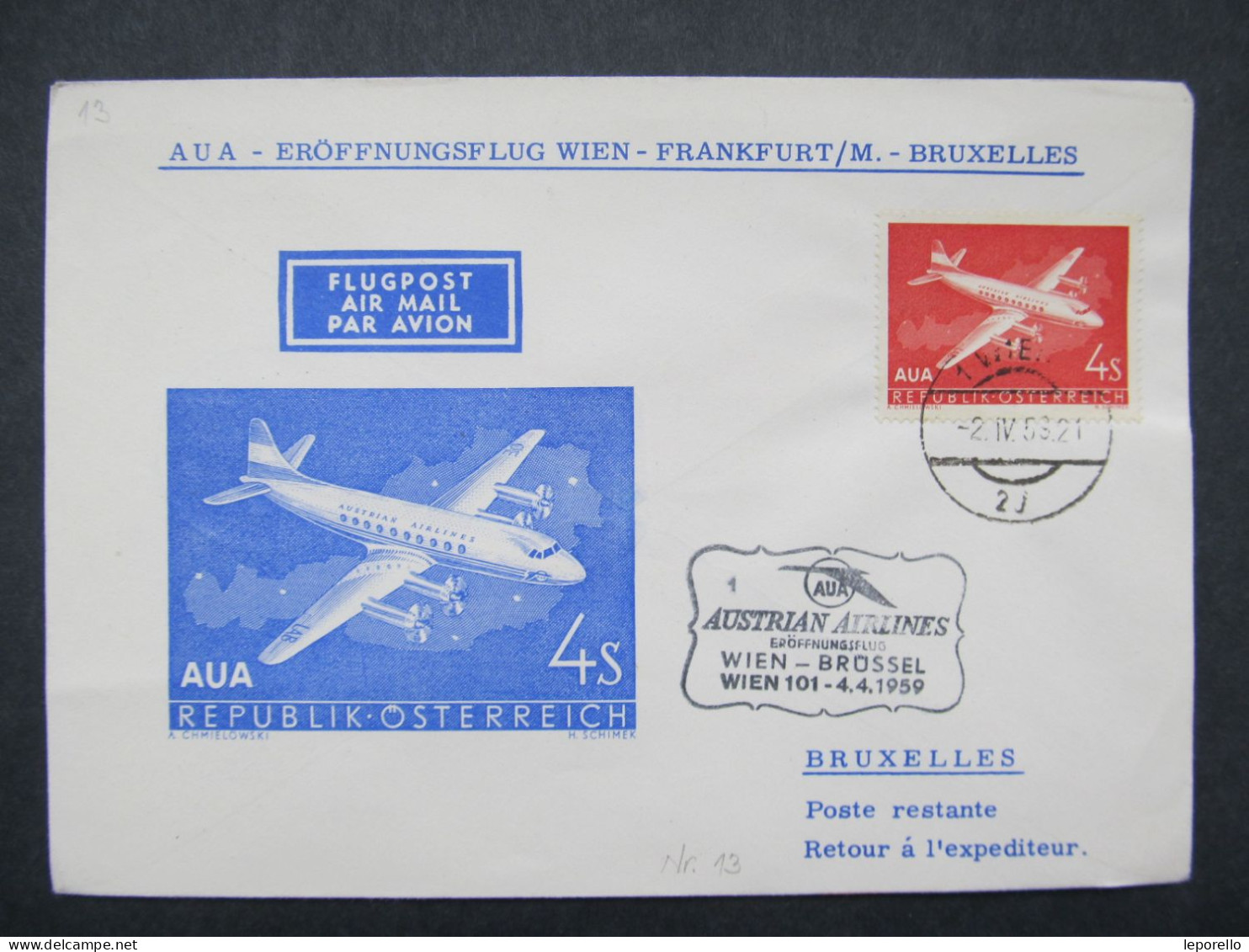 BRIEF AUA Wien - Frankfurt - Bruxelles 1959 //// D*56785 - Cartas & Documentos