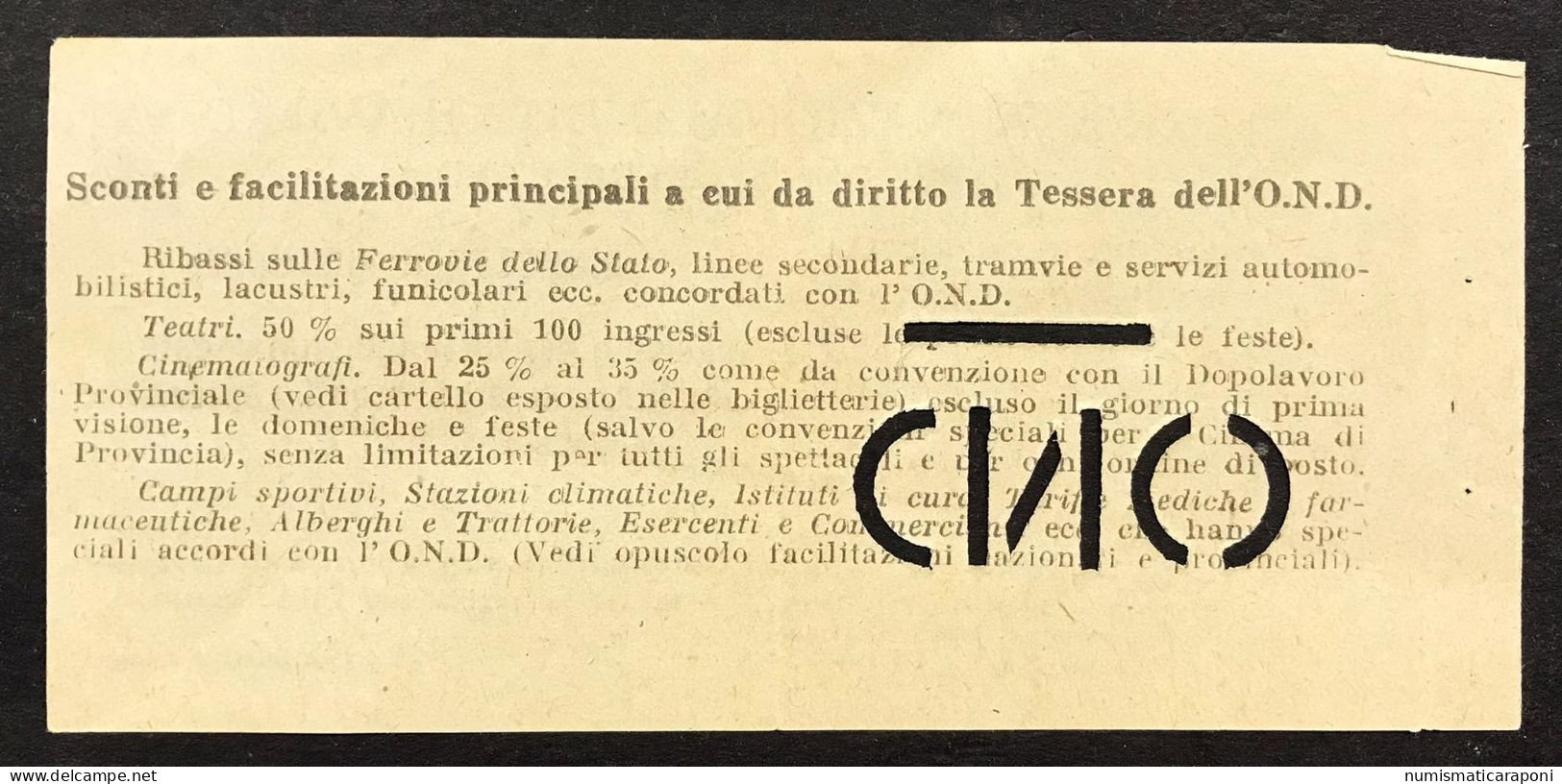 OND Biglietto Riduzione Opera Nazionale Dopolavoro Direzione Generale Roma LOTTO 4708 - Autres & Non Classés