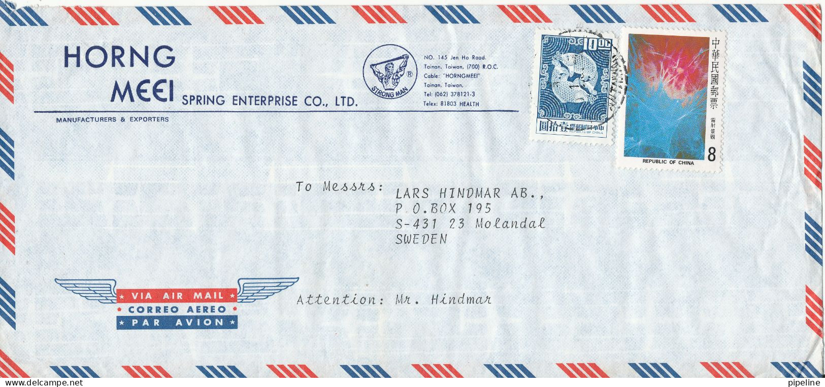 Taiwan Air Mail Cover Sent To Sweden - Poste Aérienne