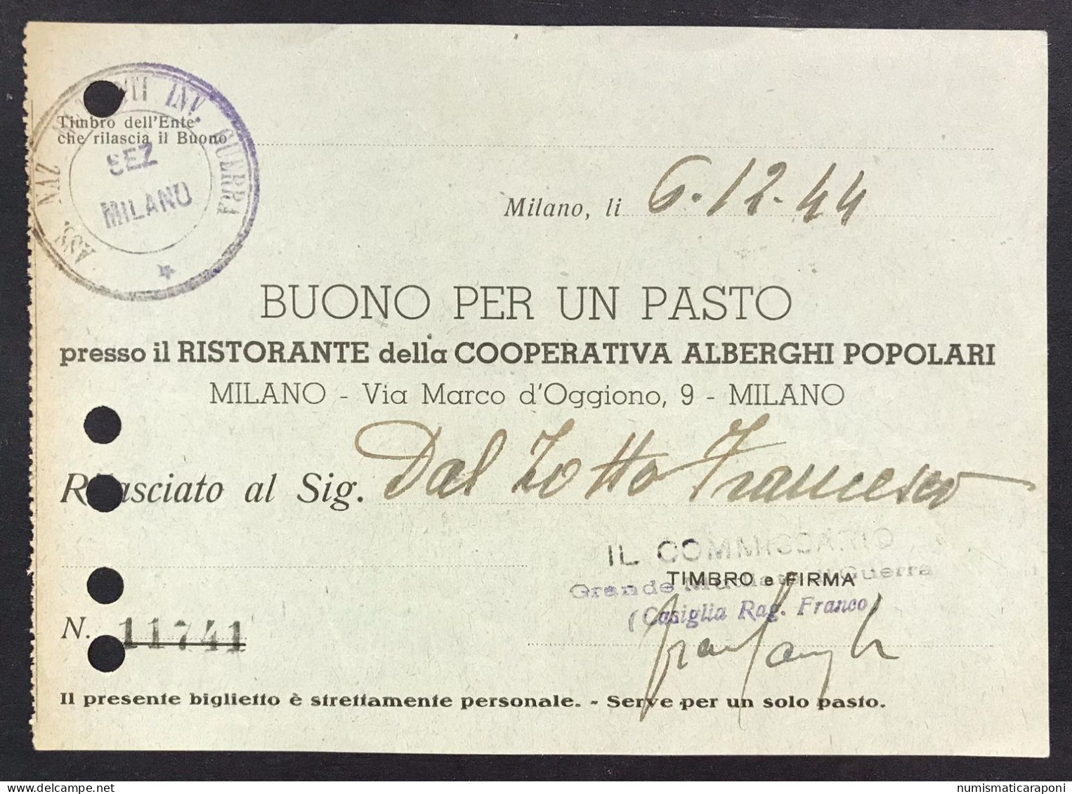 Buono Per Un Pasto Ass. Naz. Invalidi Di Guerra Milano 1944 LOTTO 4713 - Other & Unclassified