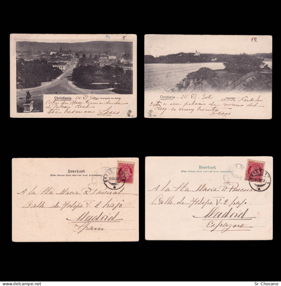 Norway.2 POST CARD.10th.Christiania Postmark.1902.Destination Madrid. - Lettres & Documents