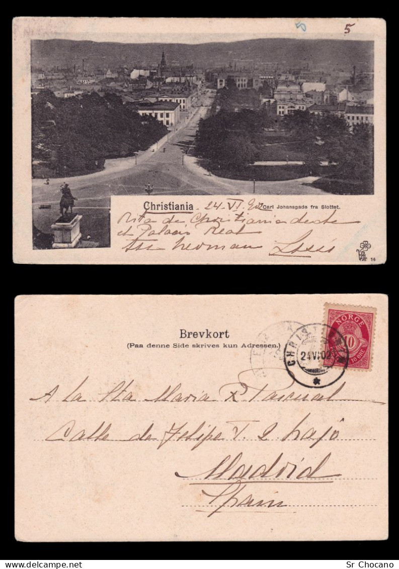 Norway.2 POST CARD.10th.Christiania Postmark.1902.Destination Madrid. - Lettres & Documents