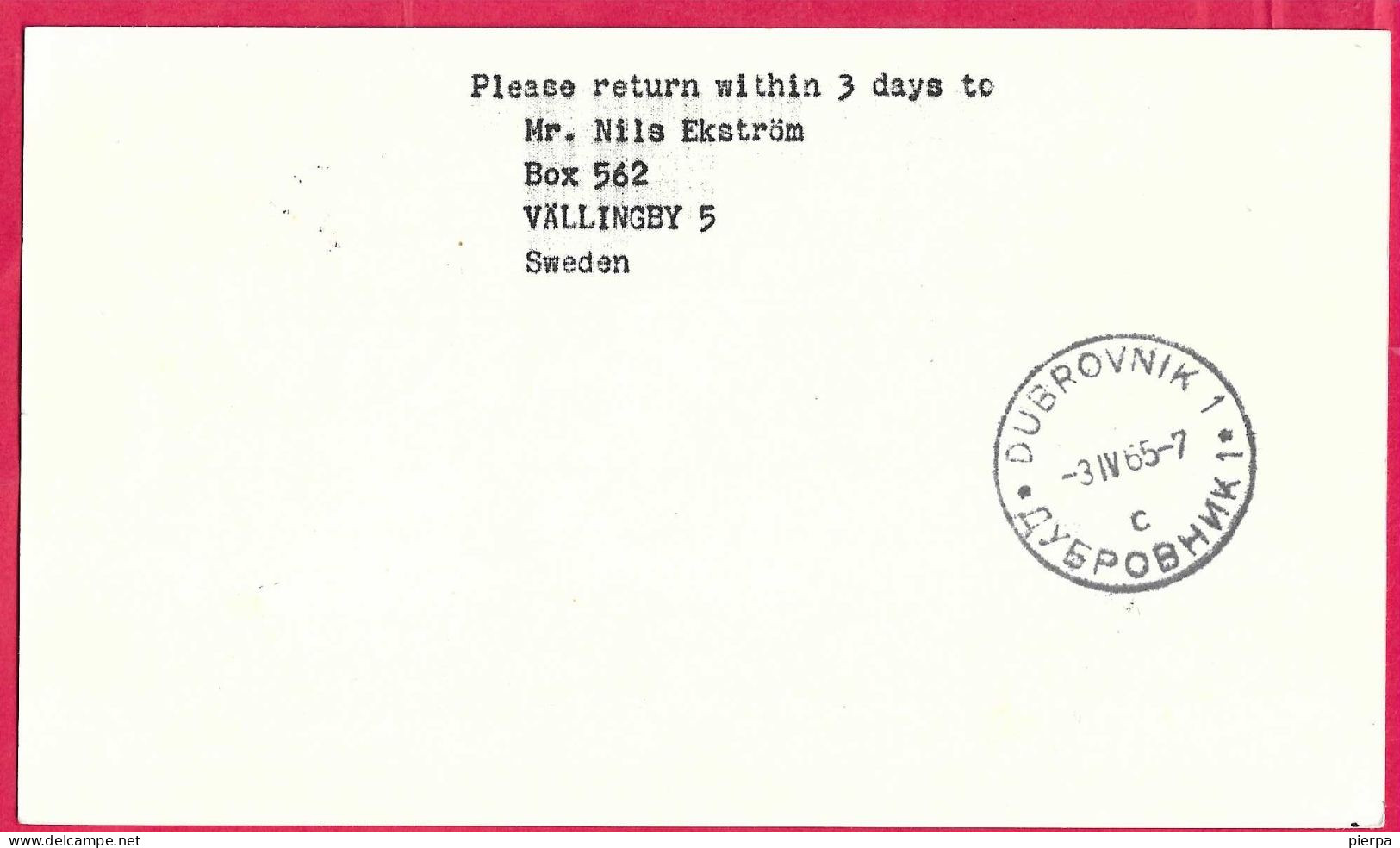 SVERIGE - FIRST CARAVELLE FLIGHT SAS SK815 FROM STOCKHOLM TO DUBROVNIK*2.4.1965* ON OFFICIAL CARD - Brieven En Documenten