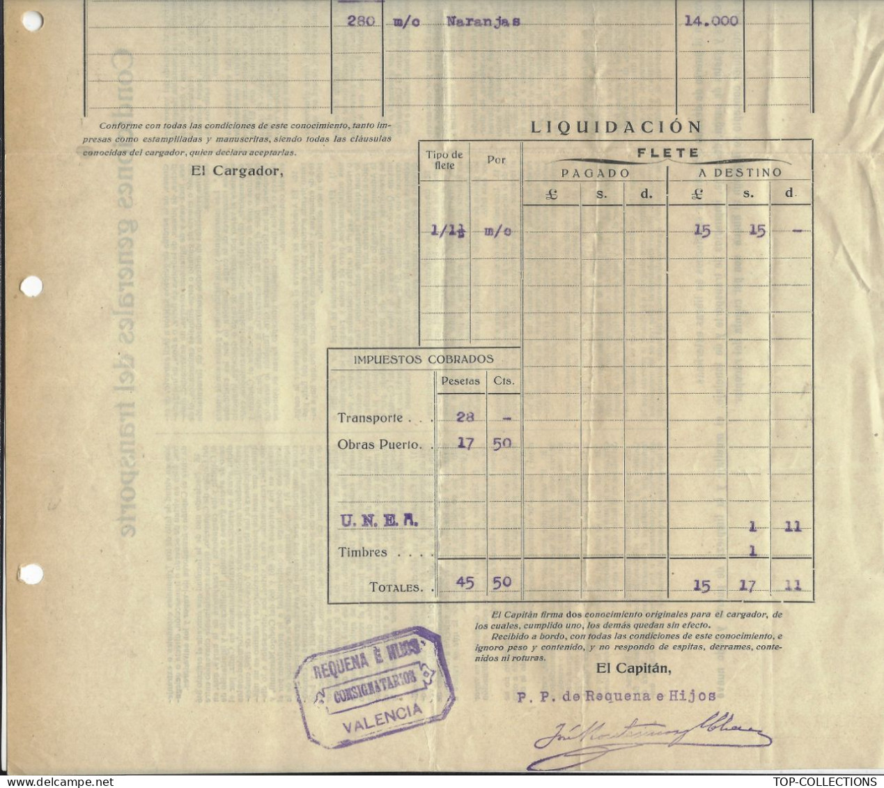 1928  CONOCIMIENTO CONNAISSEMENT  BILL OF LADING Linéa Pinillos Navigation Méditerrané Espagne Liverpool  Pour Bristol - 1900 – 1949