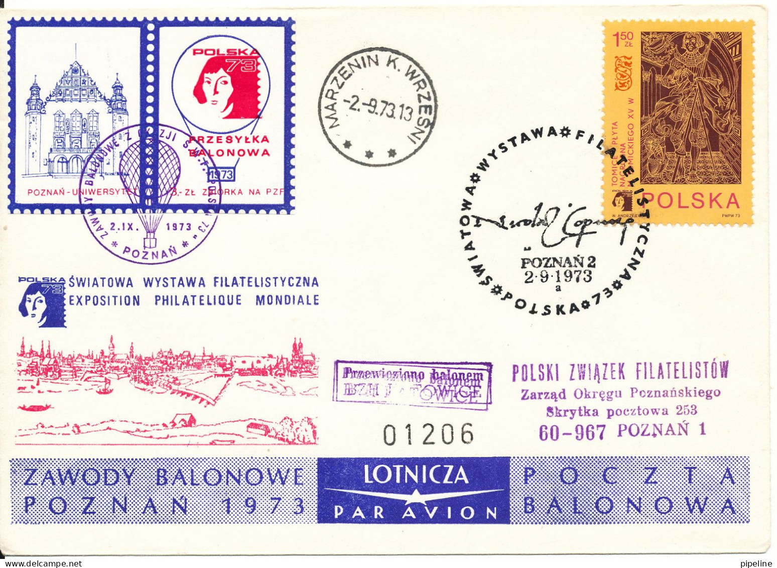 Poland Cover 2-9-1973 World Stamp Exhibition Balloonpost With N. Copernicus Labels And More Postmarks - Altri & Non Classificati