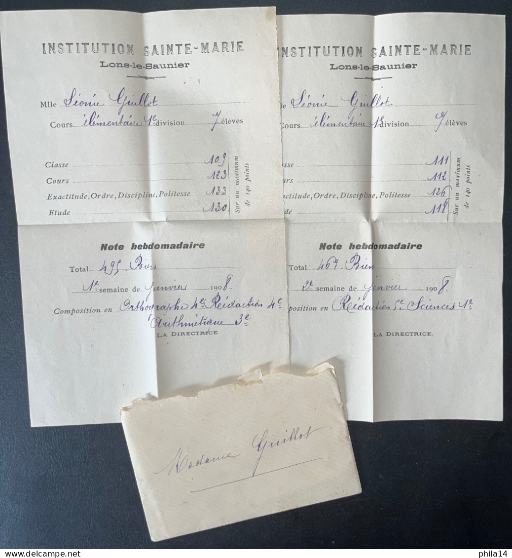 ENVELOPPE AVEC 2 BULLETINS DE NOTES INSTITUTION SAINTE MARIE LONS LE SAUNIER / GUILLOT 1908 - Manuscrits