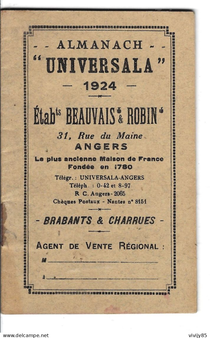 49 - ANGERS - Petit Almanach " Universala " 1924-Ets Beauvais Et Robin ( Matér. Agricole : Brabants -Charrues-Broyeurs - Formato Piccolo : 1921-40