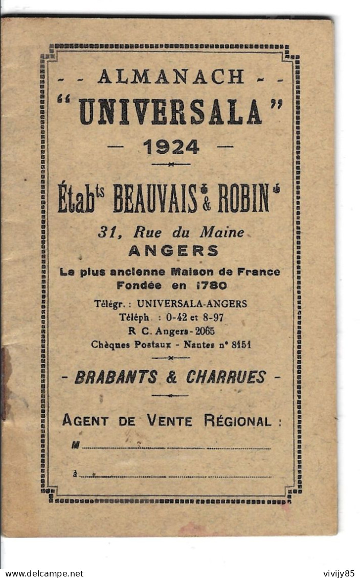 49 - ANGERS - Petit Almanach " Universala " 1924-Ets Beauvais Et Robin ( Matér. Agricole : Brabants -Charrues-Broyeurs - Petit Format : 1921-40