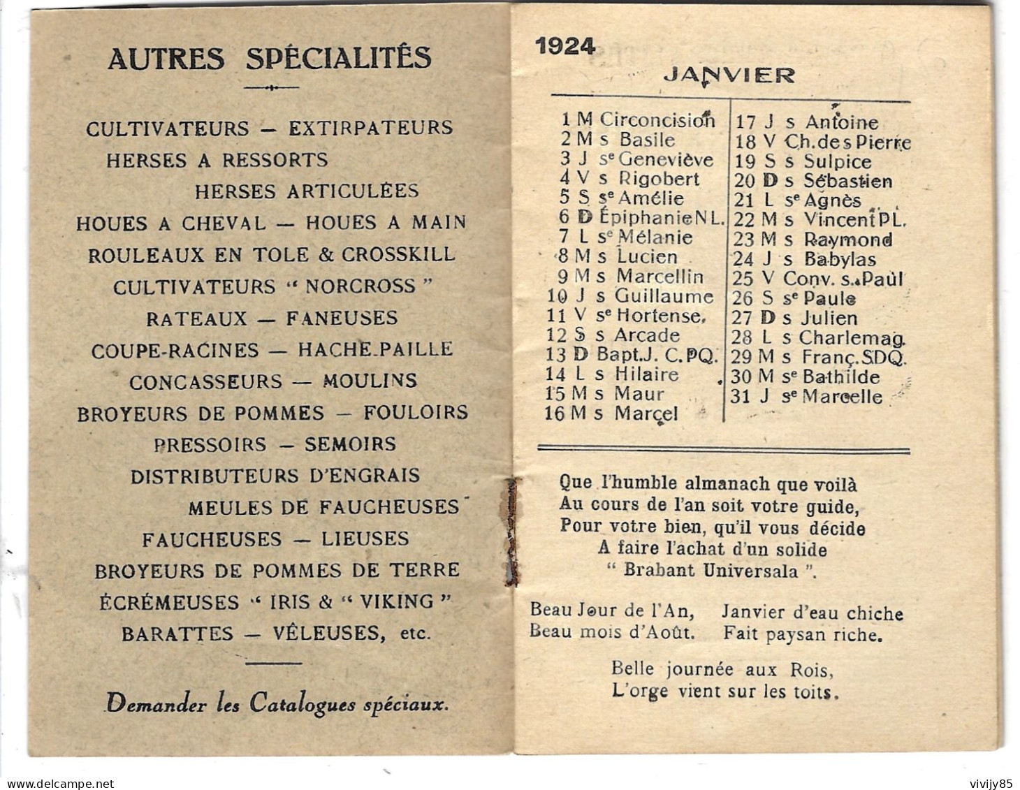 49 - ANGERS - Petit Almanach " Universala " 1924-Ets Beauvais Et Robin ( Matér. Agricole : Brabants -Charrues-Broyeurs - Formato Piccolo : 1921-40