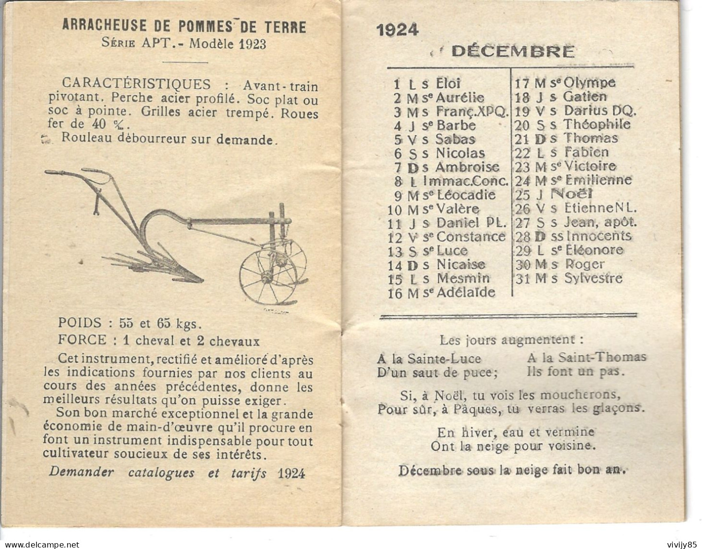 49 - ANGERS - Petit Almanach " Universala " 1924-Ets Beauvais Et Robin ( Matér. Agricole : Brabants -Charrues-Broyeurs - Formato Piccolo : 1921-40