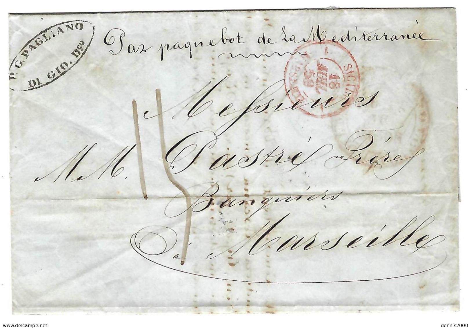 1850 - Lettre De NAPOLI  - Taxe 15 D  Pour Marseille " Par Paquebot De La Méditérranée " Entrée SICILE 1 MARSEILLE 1 - Sicilia