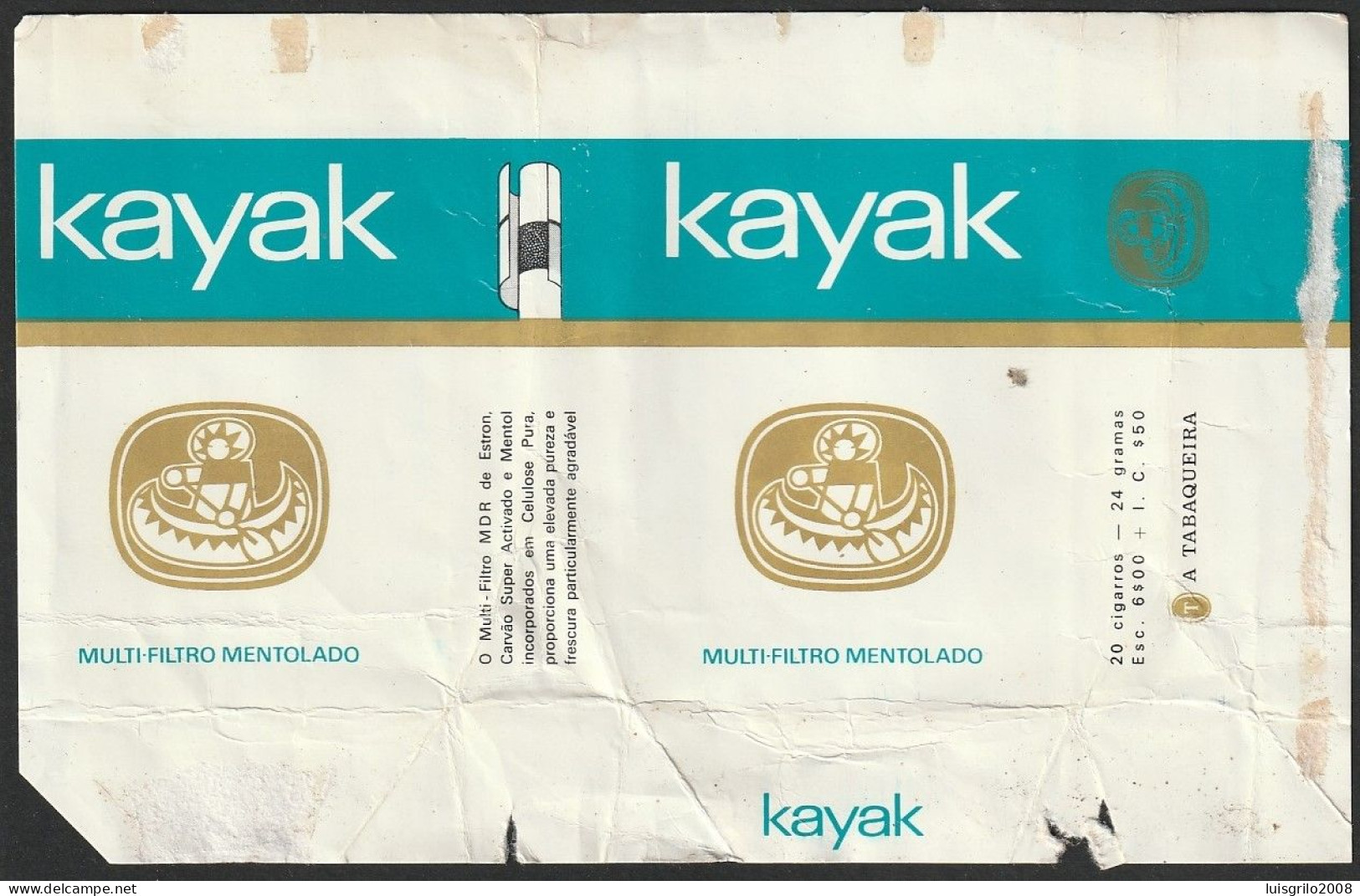 Portugal 1960/ 70, Pack Of Cigarettes - KAYAK Mentolado -|- A Tabaqueira, Lisboa - Cajas Para Tabaco (vacios)