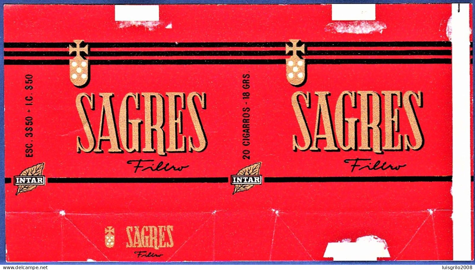 Portugal 1960/ 70, Pack Of Cigarettes - SAGRES Filtro -|- Intar, Sintra - Esc. 3$50 + I.C. $50 - Tabaksdozen (leeg)