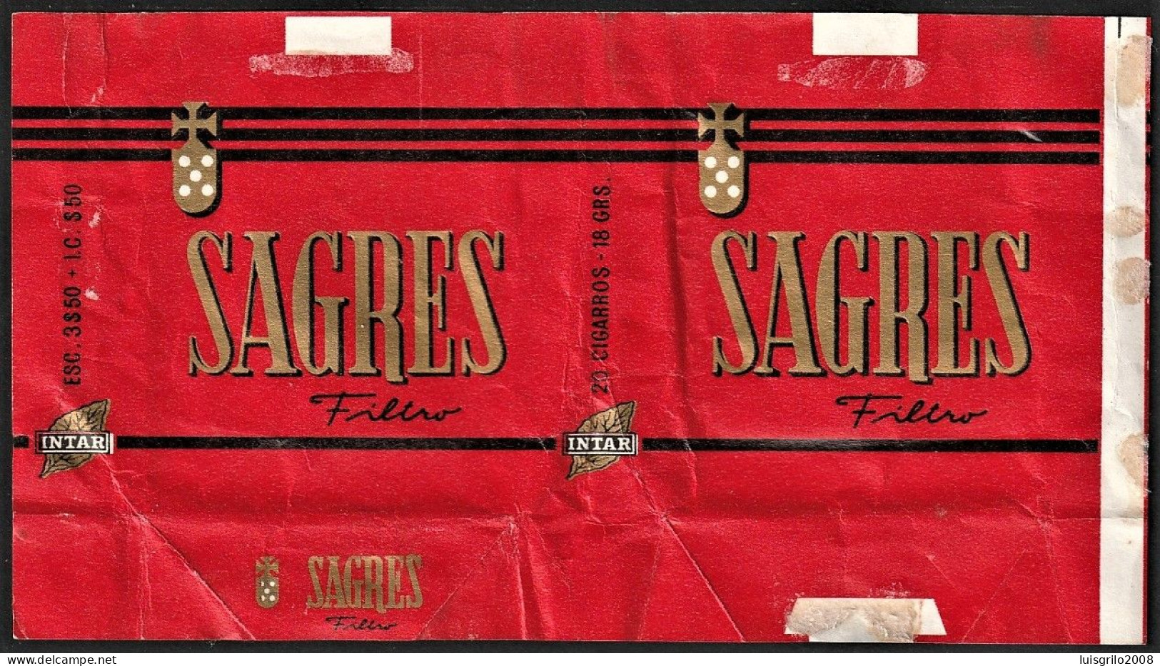 Portugal 1960/ 70, Pack Of Cigarettes - SAGRES Filtro (Darker) -|- Intar, Sintra - Esc. 3$50 + I.C. $50 - Tabaksdozen (leeg)