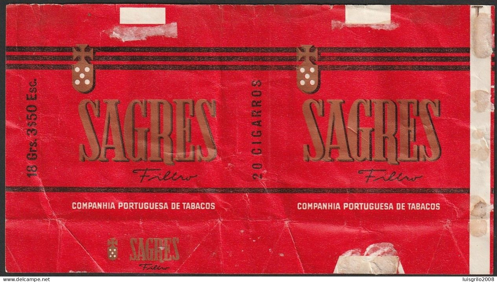 Portugal 1960/ 70, Pack Of Cigarettes - SAGRES Filtro -|- Companhia Portuguesa De Tabacos . 18 Grs. 3$50 Esc. - Boites à Tabac Vides