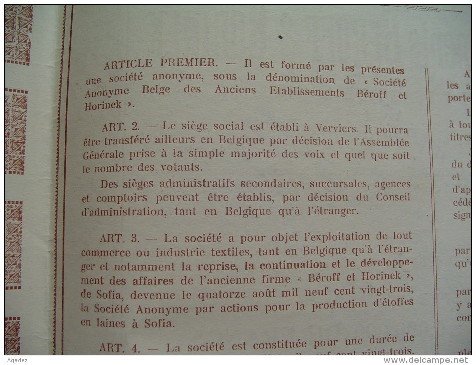 Part Fondateur " Etablissements Beroff & Horinek " Filature Et Tissage Laine Sofia ( Bulgarie) 1923 Bulgaria Textile - Textil