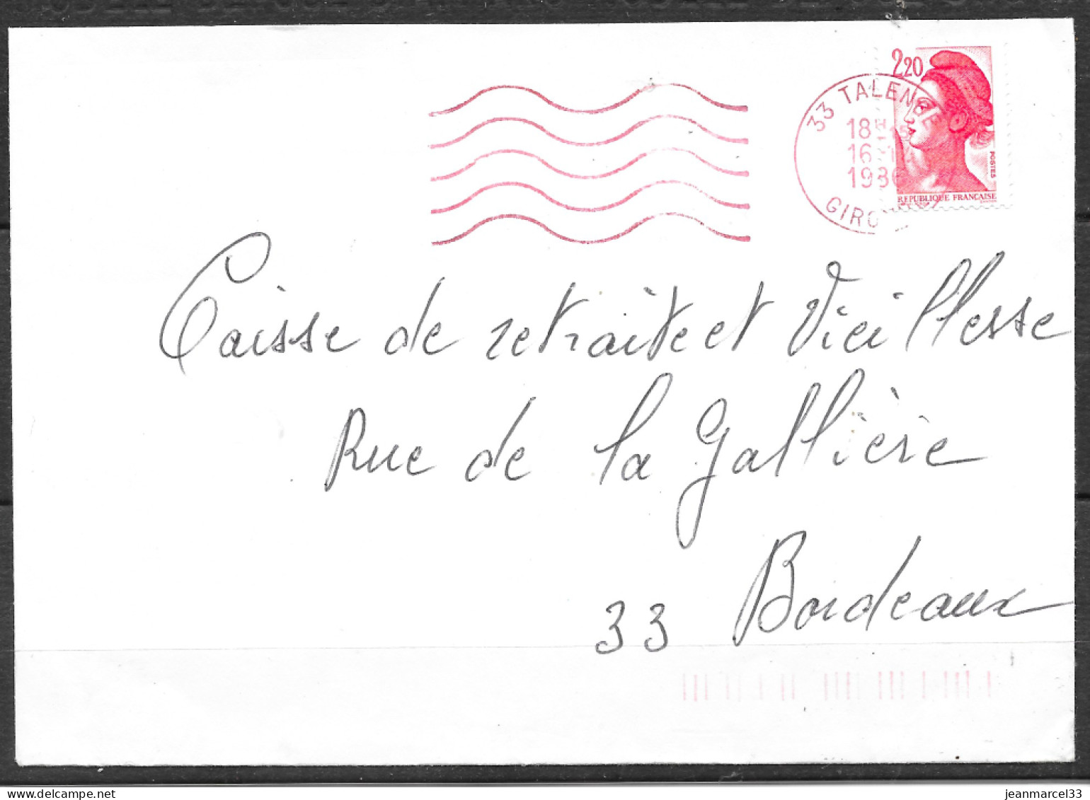 Curiosité Sur Lettre Entière SECAP Lignes Ondulées =o 33 Talence 16-12 1986 Apposée En Rouge - Lettres & Documents