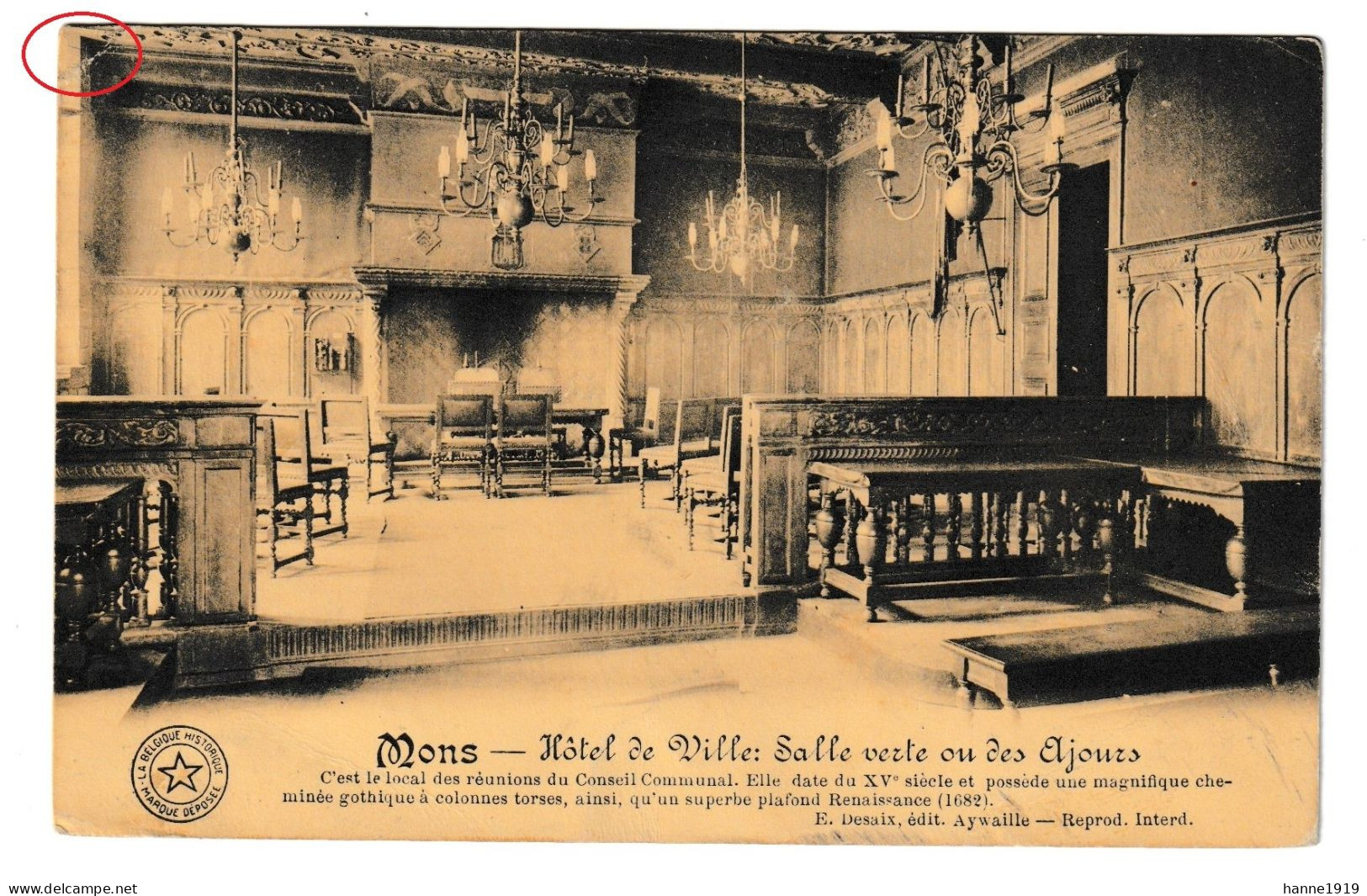 Mons Hotel De Ville Salle Verte Ou Des Ajours Cachet 1911 Annevoie Htje - Mons