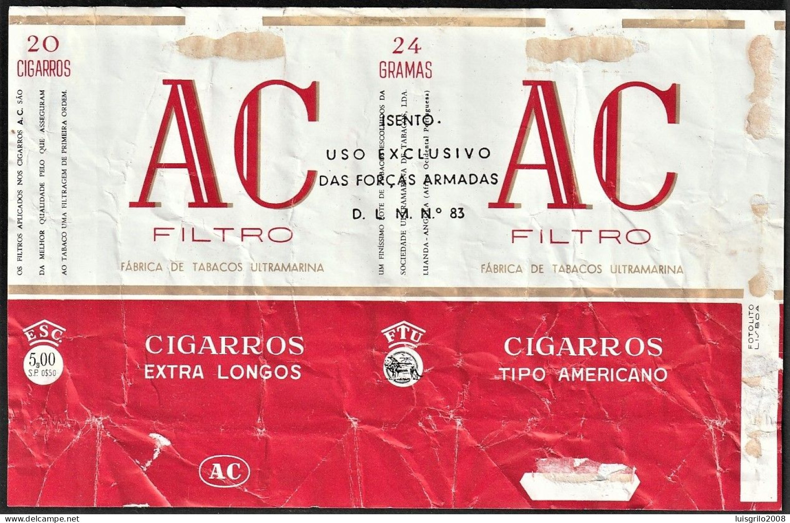 TOBACCO EXCLUSIVE USE BY THE ARMED FORCES - Portugal 1960/ 70, Pack Of Cigarettes - AC Filtro - Contenitori Di Tabacco (vuoti)