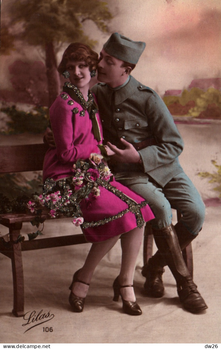 Carte Lilas Patriotique N° 106 - Couple Avec Militaire - Ajoutis Brillants - Patriotic