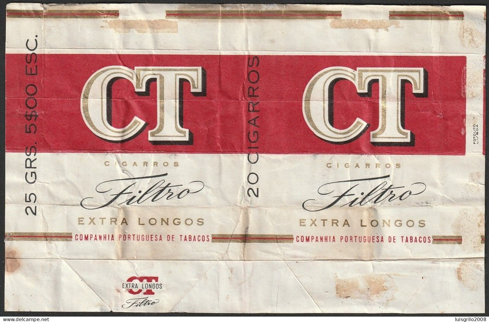 Portugal 1950/ 60, Pack Of Cigarettes - CT Filtro -|- Companhia Portugesa De Tabacos - 25 Grs. 5$00 Esc. - Boites à Tabac Vides