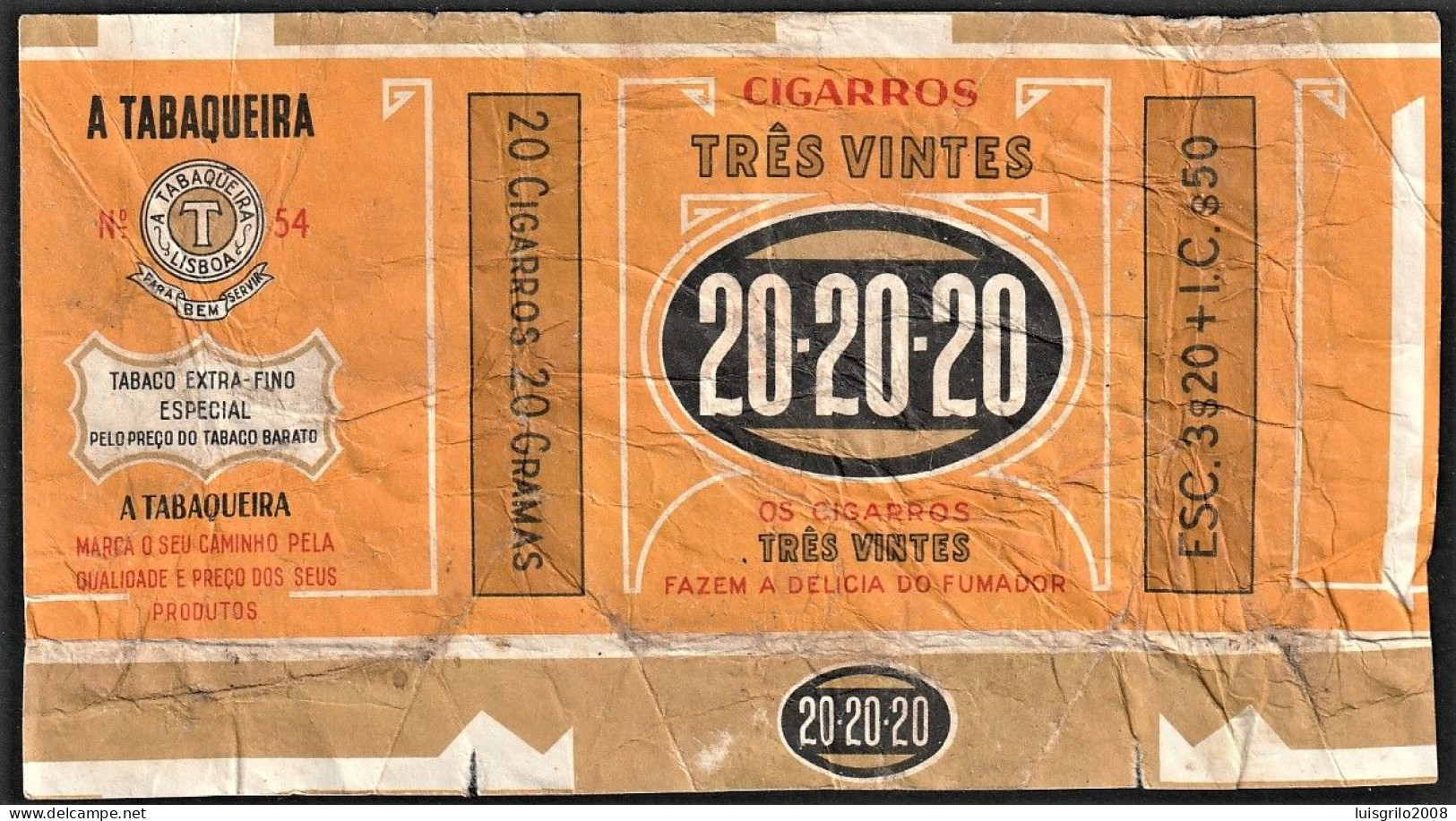 Portugal 1950/ 60, Pack Of Cigarettes - Cigarros TRÊS VINTES 20.20.20 -|- A Tabaqueira, Lisboa - Boites à Tabac Vides