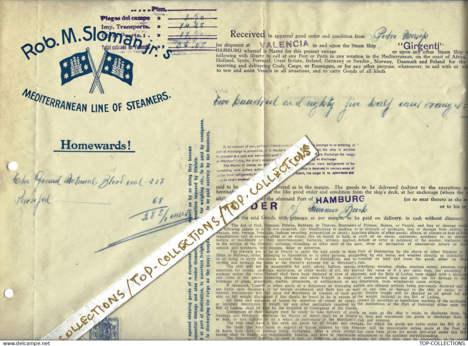 1936 CONNAISSEMENT BILL OF LADING Rob. M.Sloman Jr.’S MEDITERRANEAN LINE OF Steamers Valencia Pour Hamburg - 1900 – 1949