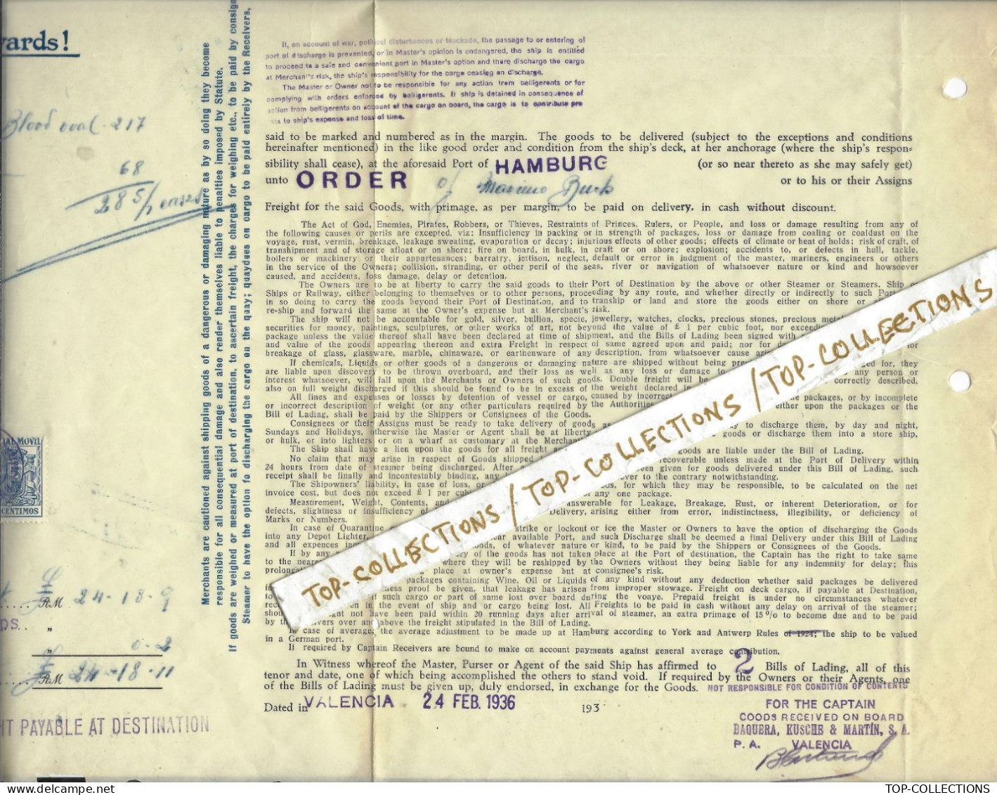 1936 CONNAISSEMENT BILL OF LADING Rob. M.Sloman Jr.’S MEDITERRANEAN LINE OF Steamers Valencia Pour Hamburg - 1900 – 1949