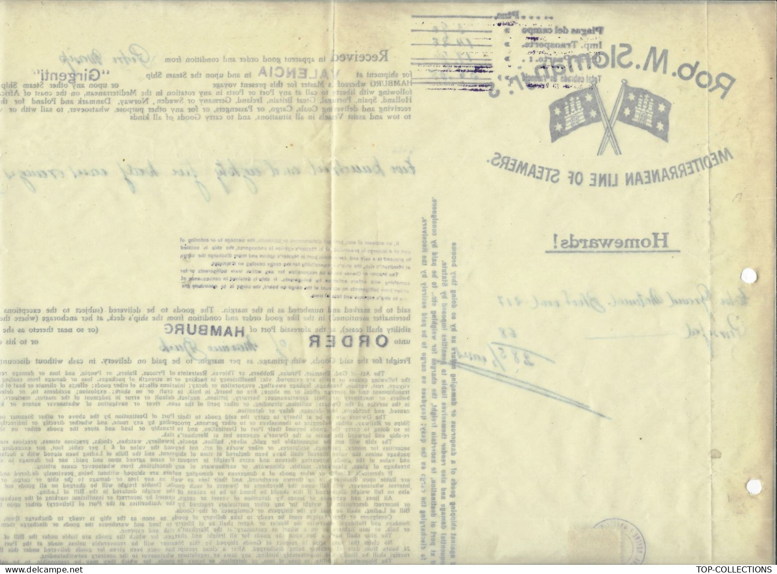 1936 CONNAISSEMENT BILL OF LADING Rob. M.Sloman Jr.’S MEDITERRANEAN LINE OF Steamers Valencia Pour Hamburg - 1900 – 1949