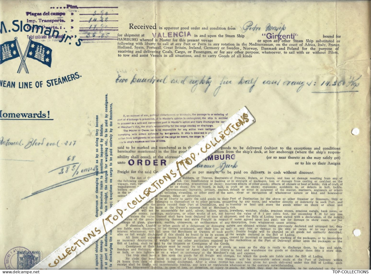 1936 CONNAISSEMENT BILL OF LADING Rob. M.Sloman Jr.’S MEDITERRANEAN LINE OF Steamers Valencia pour Hamburg