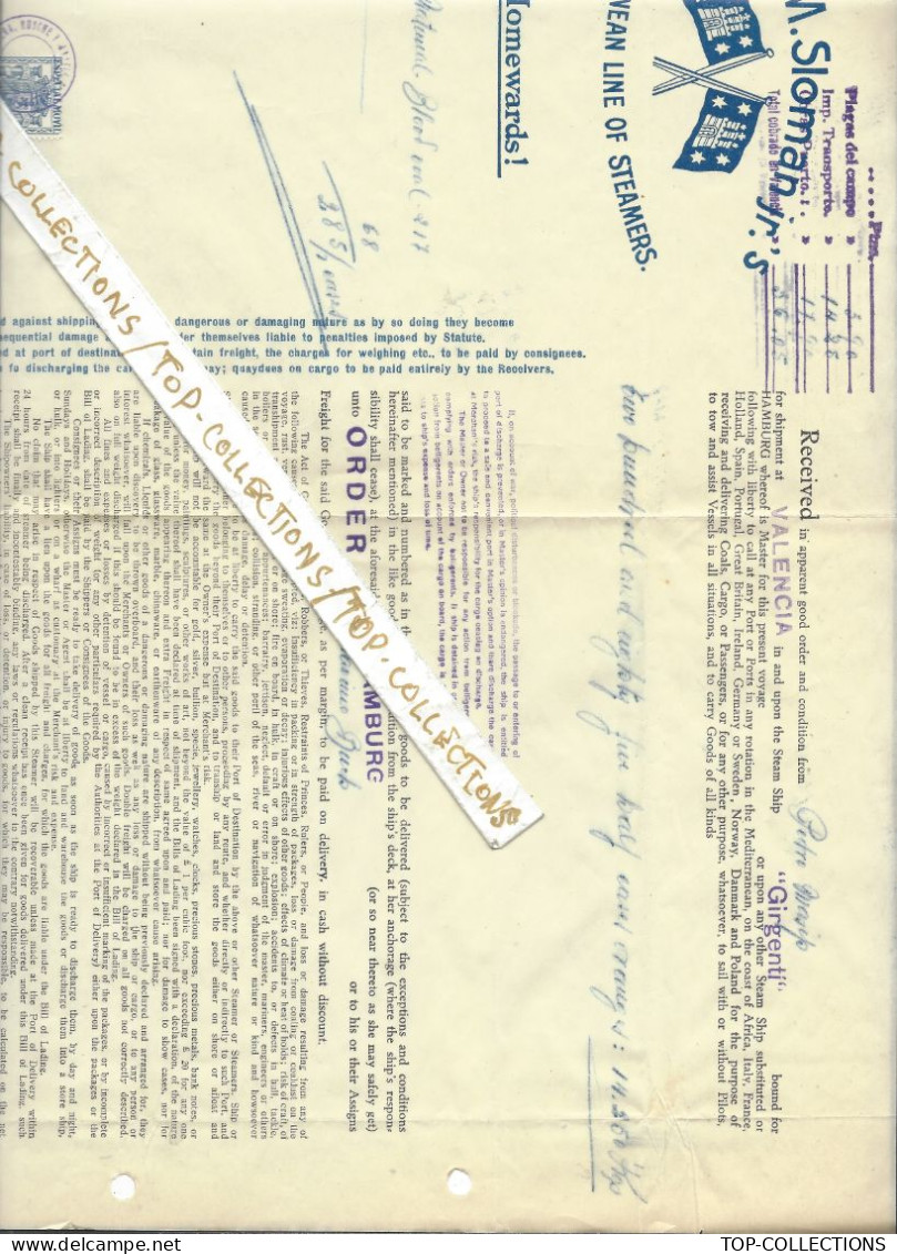 1936 CONNAISSEMENT BILL OF LADING Rob. M.Sloman Jr.’S MEDITERRANEAN LINE OF Steamers Valencia pour Hamburg
