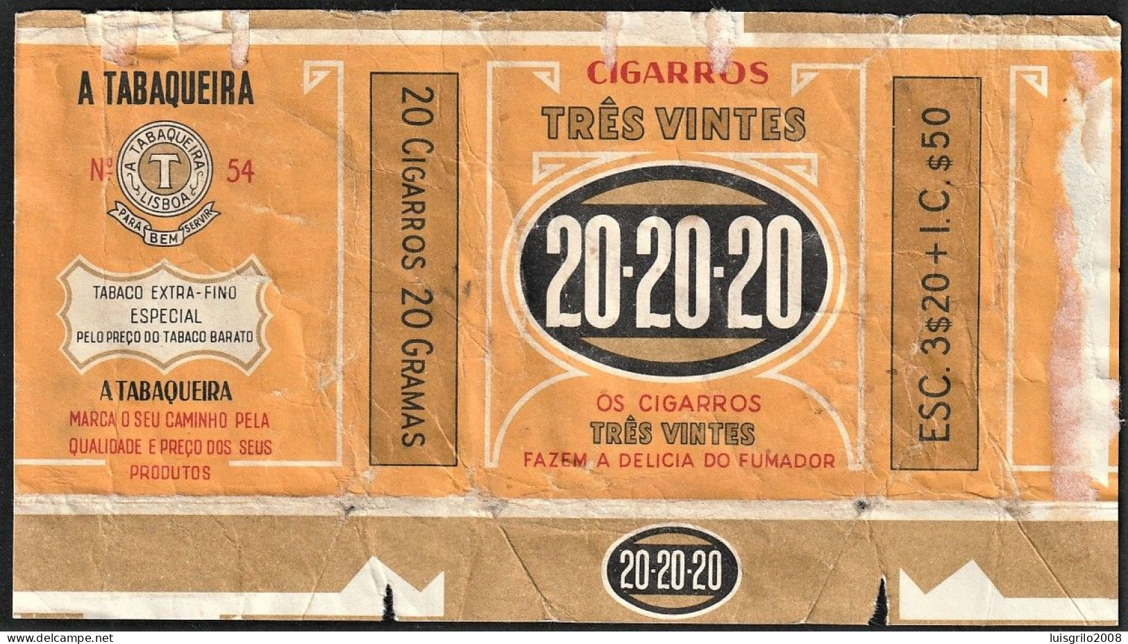 Portugal 1950/ 60, Pack Of Cigarettes - Cigarros TRÊS VINTES 20.20.20 -|- A Tabaqueira, Lisboa - Boites à Tabac Vides
