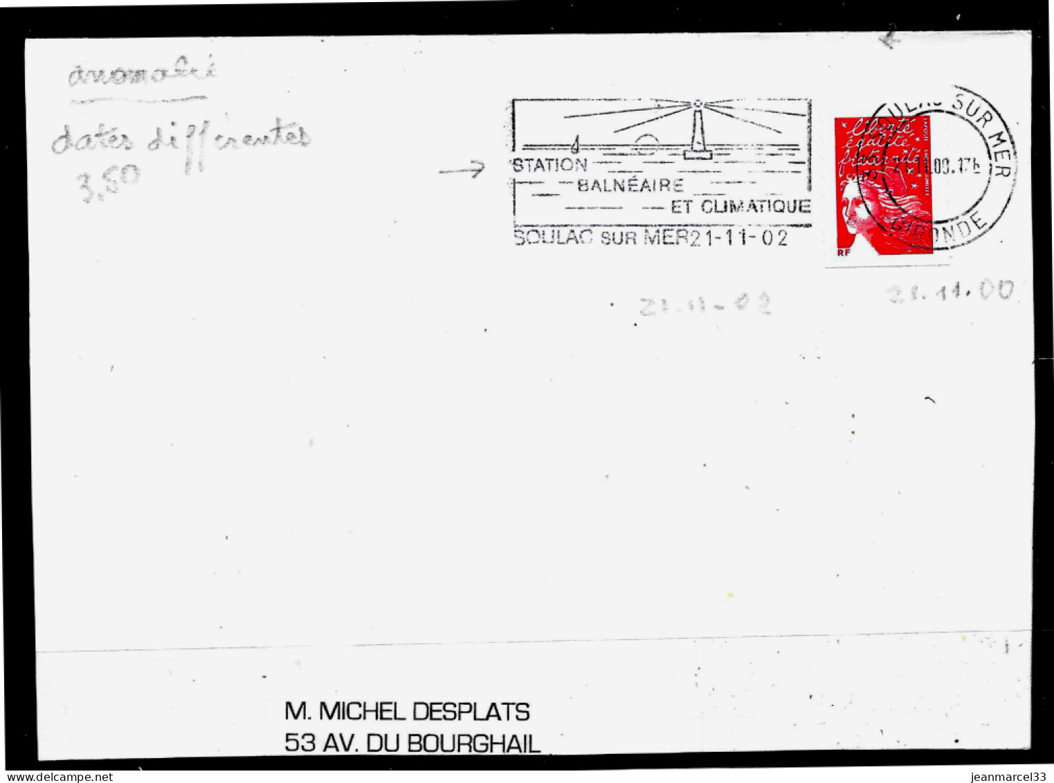 Curiosité Sur Lettre Entière SECAP DC 21-11-02 Ill. =o 33 Soulac Sur Mer 21.11.00 - Lettres & Documents