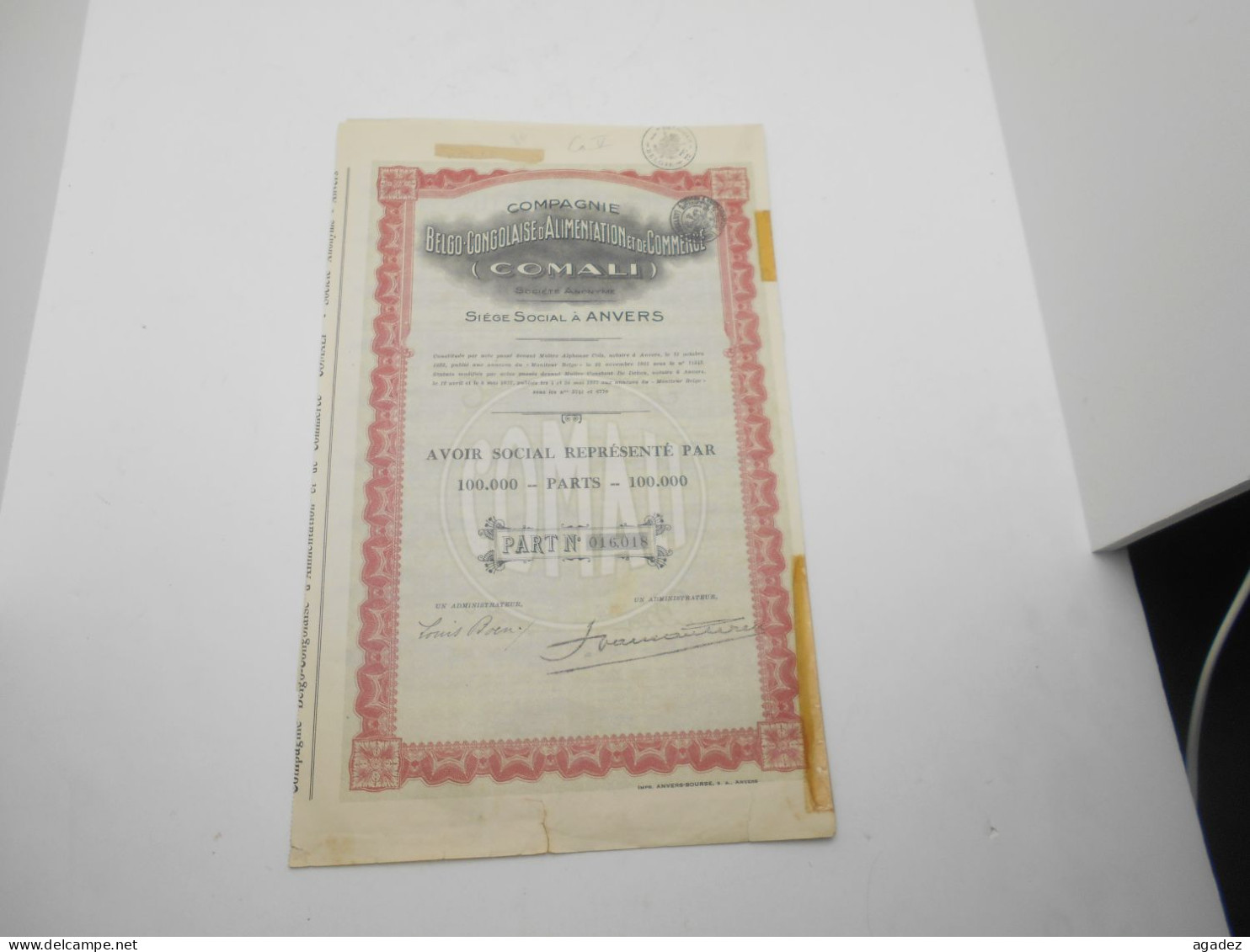 Part " Cie Belgo Congolaise D'alimentation Et De Commerce " Comali Anvers/Antwerpen 1927 Congo.N°016 018 - Africa