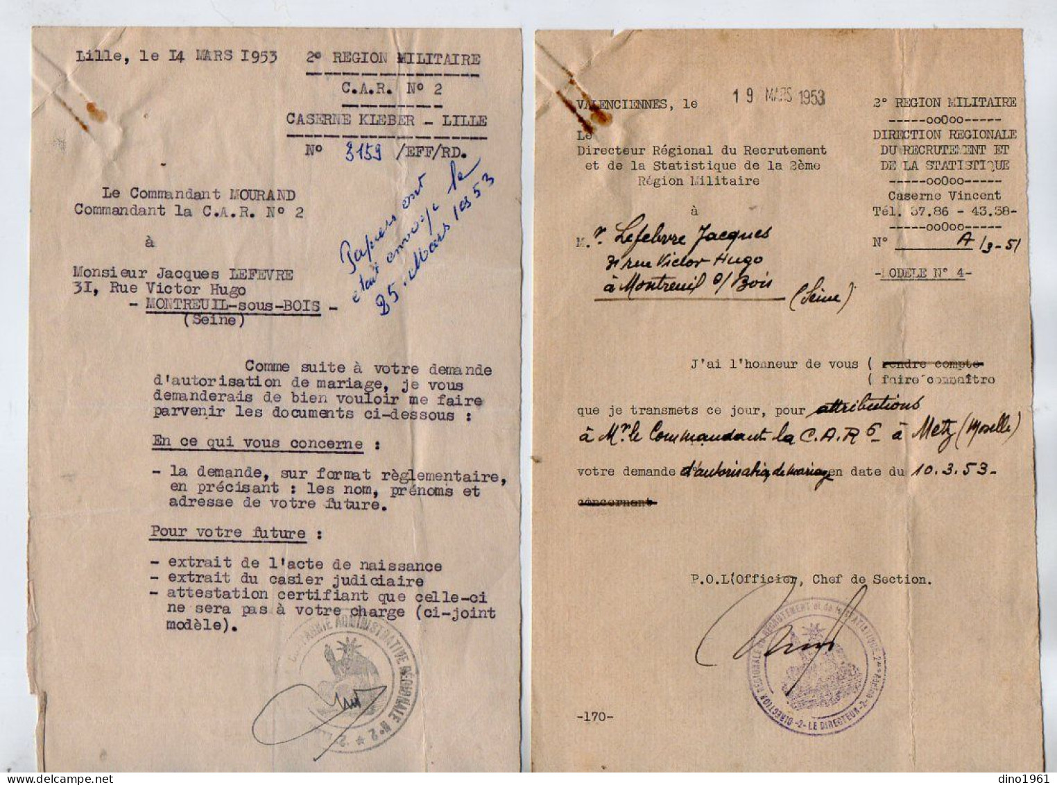 VP22.343 - MILITARIA - LILLE X VALENCIENNES 1953 - 3 Documents Concernant M. J. LEFEBVRE à MONTREUIL SOUS BOIS - Dokumente