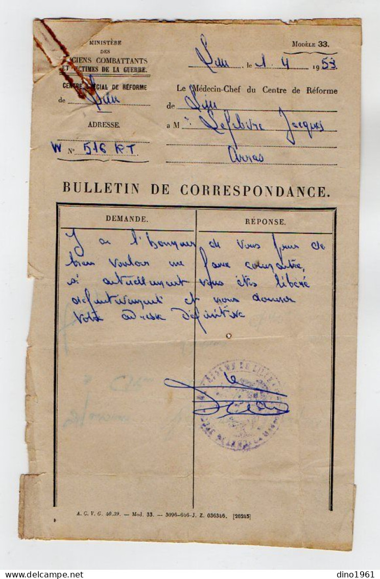 VP22.343 - MILITARIA - LILLE X VALENCIENNES 1953 - 3 Documents Concernant M. J. LEFEBVRE à MONTREUIL SOUS BOIS - Documenti