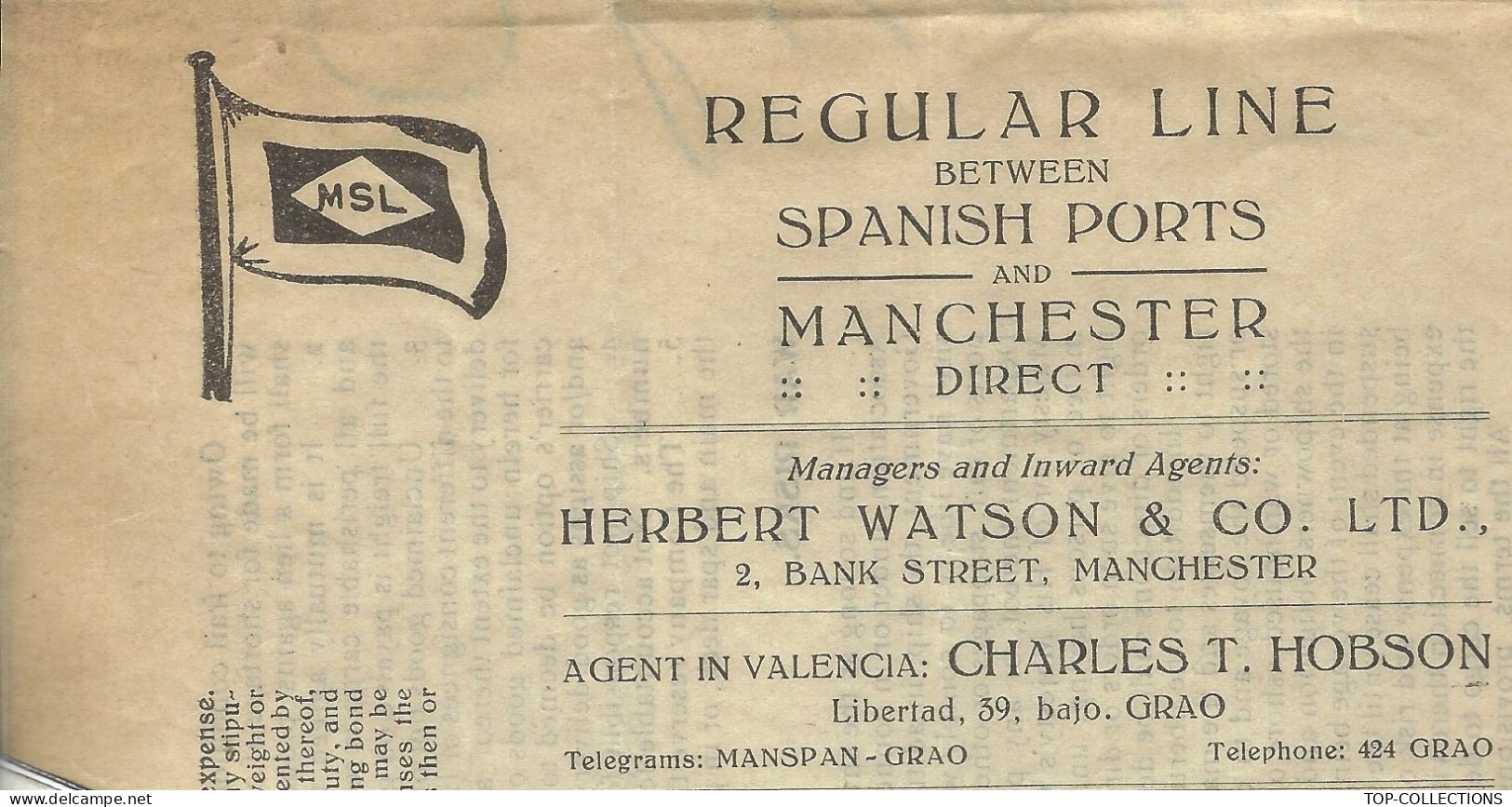 1928 BILL OF LADING CONNAISSEMENT Manchester Spanish Line H. Watson Cargaison Oranges Valencia Espagne > Manchester G.B. - 1900 – 1949