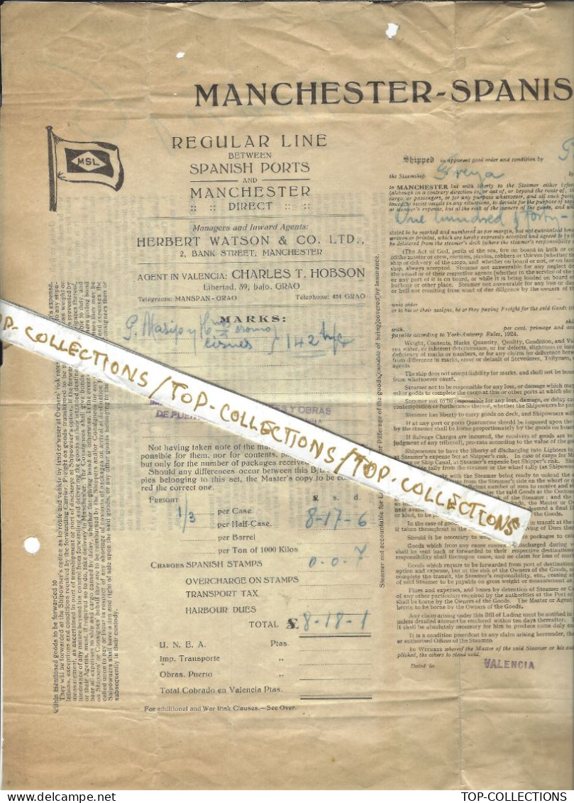 1928 BILL OF LADING CONNAISSEMENT Manchester Spanish Line H. Watson Cargaison Oranges Valencia Espagne > Manchester G.B. - 1900 – 1949