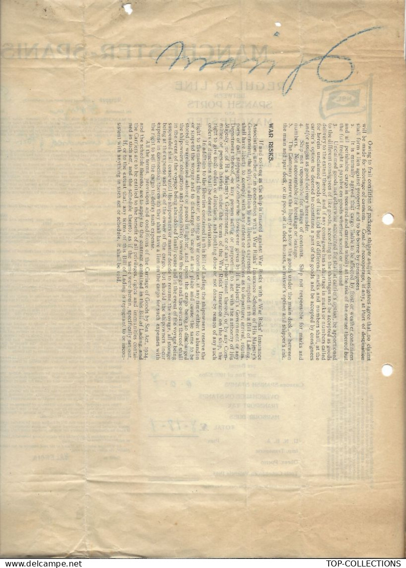 1928 BILL OF LADING CONNAISSEMENT Manchester Spanish Line H. Watson Cargaison oranges Valencia Espagne > Manchester G.B.