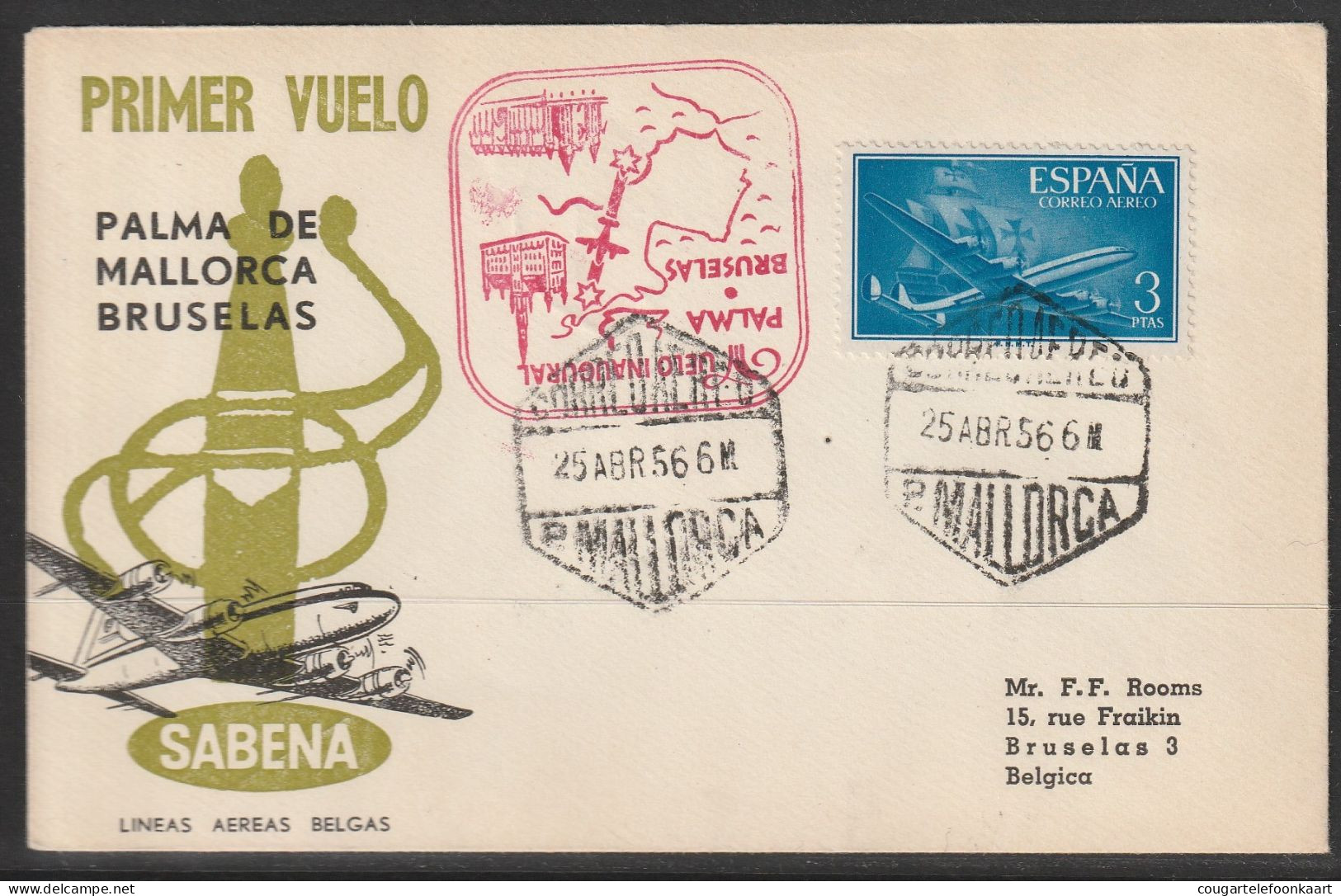 1956, Sabena, First Flight Cover, Palma De Mallorca-Brussel - Cartas & Documentos