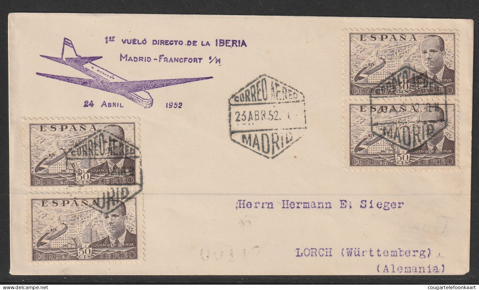 1952, Iberia, First Flight Cover, Madrid-Frankfurt - Cartas & Documentos